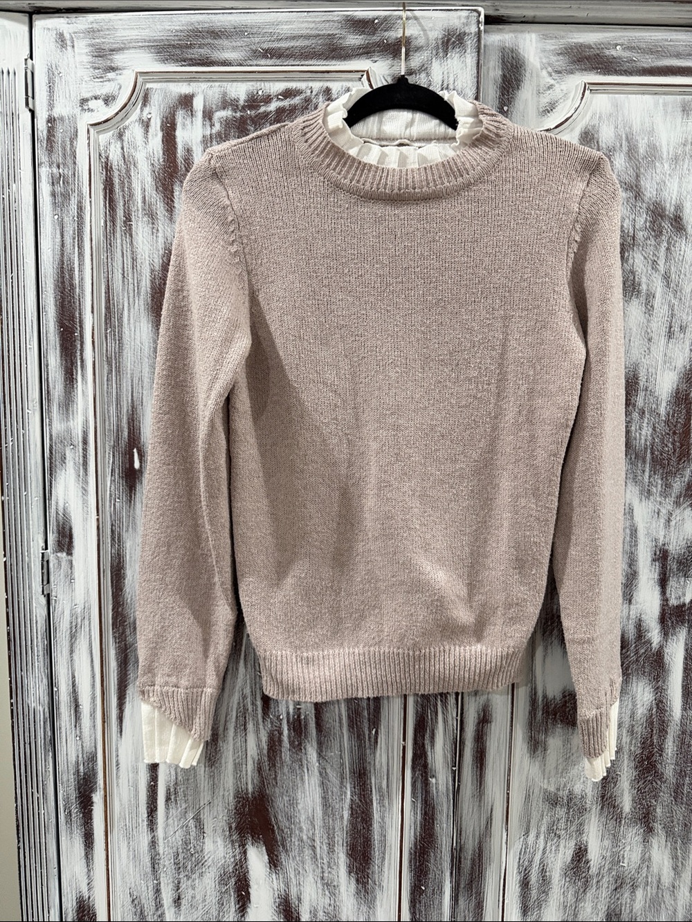 SHEIN Taupe Crewneck Sweater with Ruffle Trim